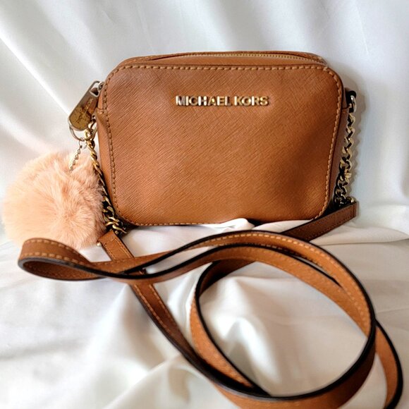 Michael Kors Jet Set Brown Saffiano Leather Small Crossbody Bag Purse - Picture 1 of 7